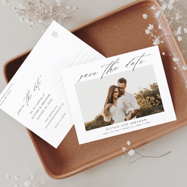 Cartão Postal De Anúncio Casamento de Foto do Script Elegante Salve a Data (Criador carregado)