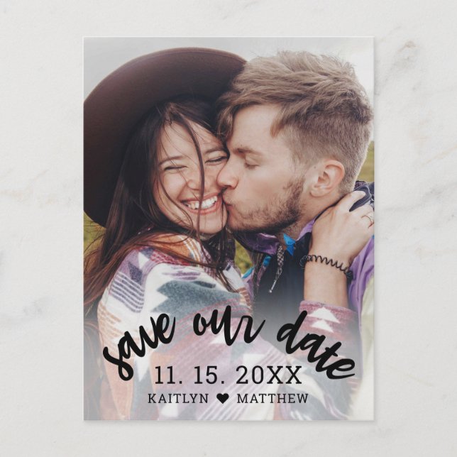 Cartão Postal De Anúncio Casamento de Foto em Script Negro Moderno Salve No (Frente)