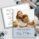 Cartão Postal De Anúncio Casamento de Foto Moderna de Script Divertido Azul<br><div class="desc">Cartão postal de anúncio de data de casamento minimalista de foto moderna de script divertido azul empoeirado. Deixe sua família, amigos e colegas saberem que você definiu uma data para a celebração do seu casamento com este convite de data de casamento elegante, sofisticado e moderno. Todos os textos estão pré-organizados...</div>