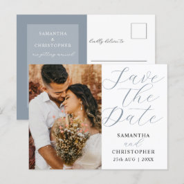Cartão Postal De Anúncio Casamento de Foto Moderna em Azul Empoeirado para 