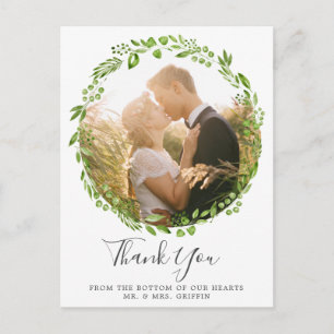 Cartão Postal De Anúncio Casamento de Foto Rustic Olive Leaf Wreath Obrigad