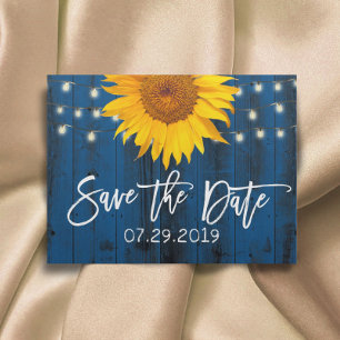 Cartão Postal De Anúncio Casamento de Girassóis Rústicos Azul Marinho Save 
