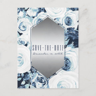 Cartão Postal De Anúncio Casamento de Inverno Azul Branco Prateado Save the