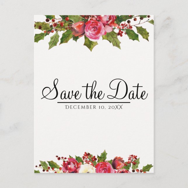 Cartão Postal De Anúncio Casamento de Inverno de Dezembro Save the Date Flo (Frente)