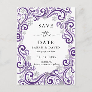 Cartão Postal De Anúncio Casamento de Inverno Flocos de Neve Roxo Prata