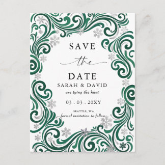 Cartão Postal De Anúncio Casamento de Inverno Flocos de Neve Verde Esmerald