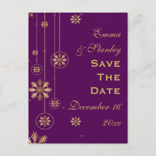 Cartão Postal De Anúncio Casamento de inverno roxo floco de neve dourado Sa