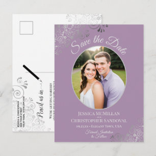 Cartão Postal De Anúncio Casamento de Lavanda Silver Lace Salve a Foto de D