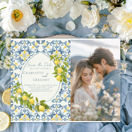 Cartão Postal De Anúncio Casamento de Limão de Azulejo Azul Italiano Elegan