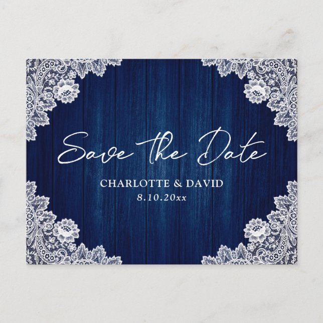 Cartão Postal De Anúncio Casamento De Local De Madeira Azul marinho Salve A (Frente)