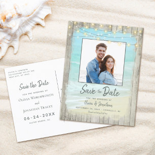 Cartão Postal De Anúncio Casamento de Madeira Rústica na Praia Salvar a Dat