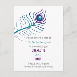Cartão Postal De Anúncio Casamento de pavão azul-roxo salve as datas