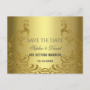Cartão Postal De Anúncio Casamento de Peacock, Abstrato Dourado Elegante