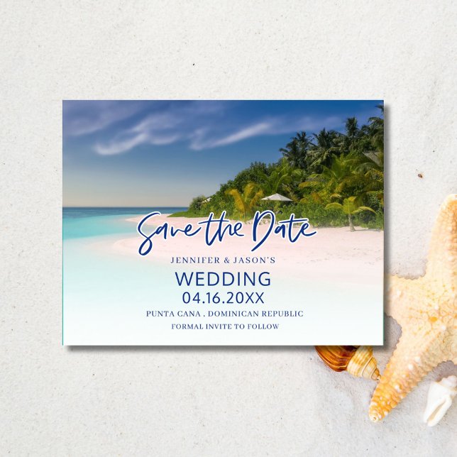 Cartão Postal De Anúncio Casamento de praia na ilha tropical Salve a data (Tropical Island Beach Wedding Save the Date Postcard)