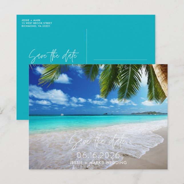 Cartão Postal De Anúncio Casamento de praia tropical Salvar a Data (Frente/Verso)