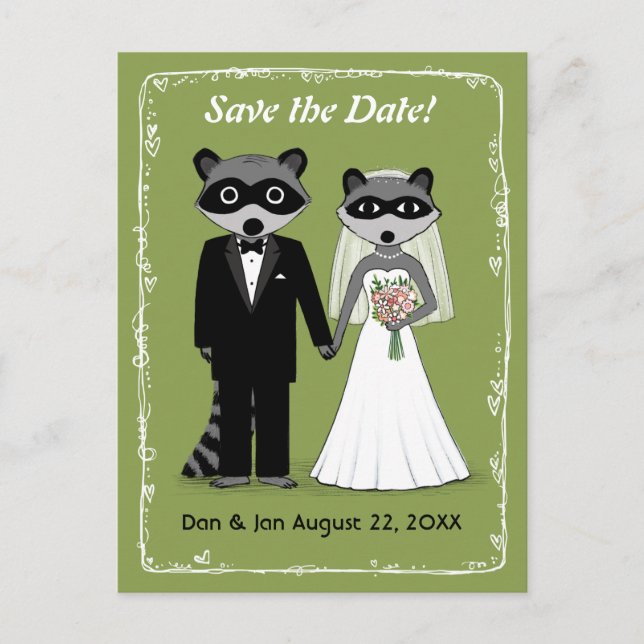 Cartão Postal De Anúncio Casamento de Raccoons Salve a Data Verde (Frente)