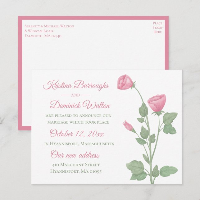 Cartão Postal De Anúncio Casamento de Recem casados Floral Elegante-Rosa-Ro (Frente/Verso)