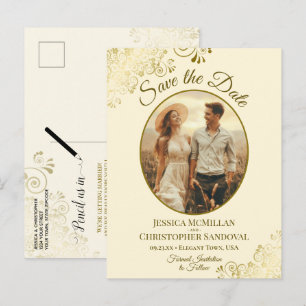 Cartão Postal De Anúncio Casamento de renda dourada e creme, salve a data o