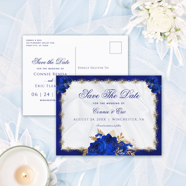 Cartão Postal De Anúncio Casamento de Rosas Dourados Florais Real Azul de L (Criador carregado)