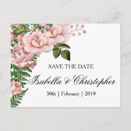 Cartão Postal De Anúncio Casamento de Rosas Rosa e Ferns Salva a Data