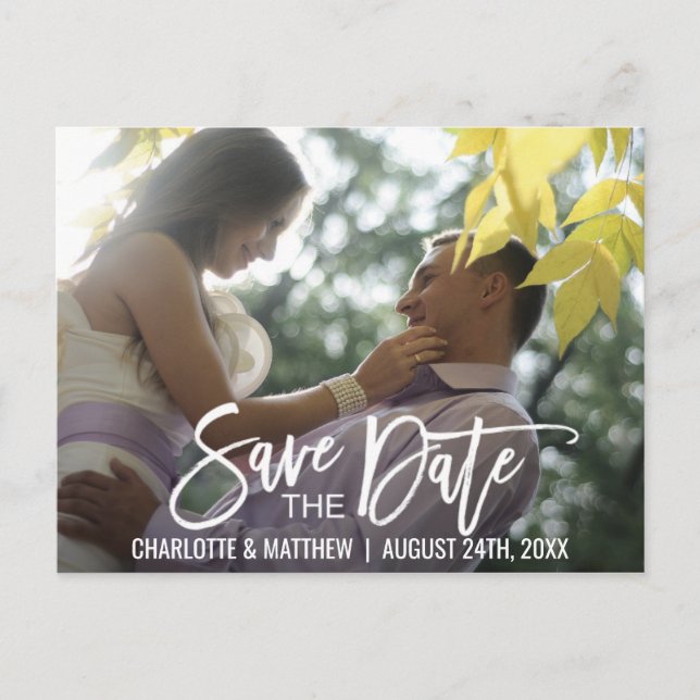 Cartão Postal De Anúncio Casamento de Script Branco Moderno SALVE A DATA CO (Frente)