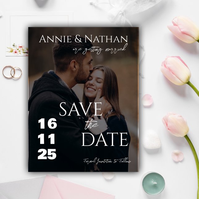 Cartão Postal De Anúncio Casamento de Script de Foto Elegante Salve a Data (Elegant Two Photo Script Wedding Save the Date Announcement Postcard)