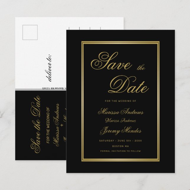 Cartão Postal De Anúncio Casamento de Script Dourado Preto Elegante Salve a (Frente/Verso)