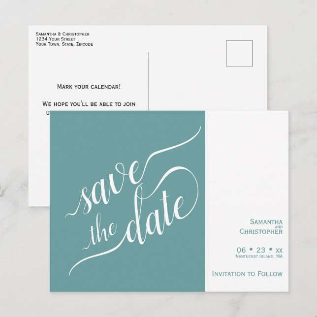 Cartão Postal De Anúncio Casamento de Teal da Caligrafia Elegante Salva a D (Frente/Verso)