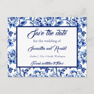 Cartão Postal De Anúncio Casamento de Toile Floral Azul e Branco Salve a da