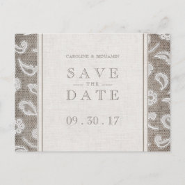 Cartão Postal De Anúncio Casamento do campo rústico de Lace burlap salvará