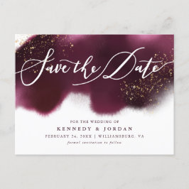 Cartão Postal De Anúncio Casamento Dourado com Glitter Chic Burgundy Salve