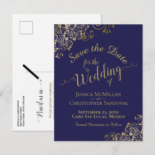 Cartão Postal De Anúncio Casamento Dourado da caligrafia Salve a Marinho Az