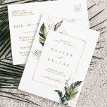 Cartão Postal De Anúncio Casamento Dourado de Folhagem Tropical Salvar a Da<br><div class="desc">Este casamento,  ao salvar a data do convite,  apresenta folhagem tropical verde-aquarela,  folhas de palmeiras,  folhas de bananas com um quadro de retângulo dourado. É perfeito para um casamento de praia ou destino. >>> Veja a coleção inteira >> https://www.zazzle.com/collections/tropical_foliage_gold_collection-119316977990783186</div>