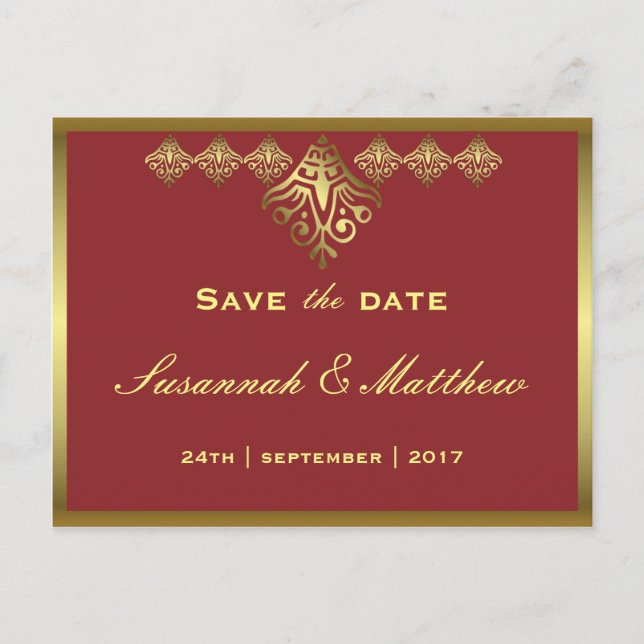Cartão Postal De Anúncio Casamento Dourado e Vermelho Elegante (Frente)