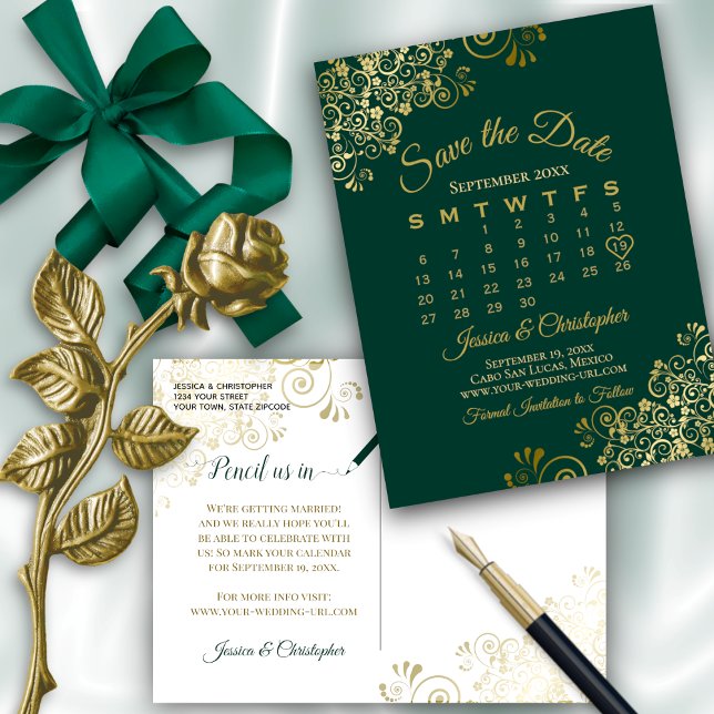 Cartão Postal De Anúncio Casamento Dourado Emerald Green Salve o Calendário (Front and Back)