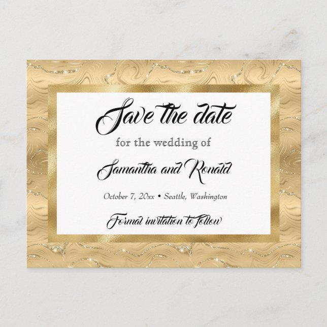 Cartão Postal De Anúncio Casamento Dourado legante Faux Foil Salve a data (Frente)