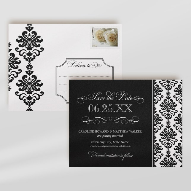 Cartão Postal De Anúncio Casamento Dramático com Florais em Damasco Preto (Criador carregado)