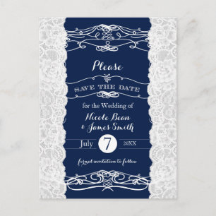 Cartão Postal De Anúncio Casamento Elegante Azul & Branco Salvar a Data