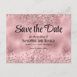 Cartão Postal De Anúncio Casamento Elegante com Brilho Rosa e Folha de Ouro