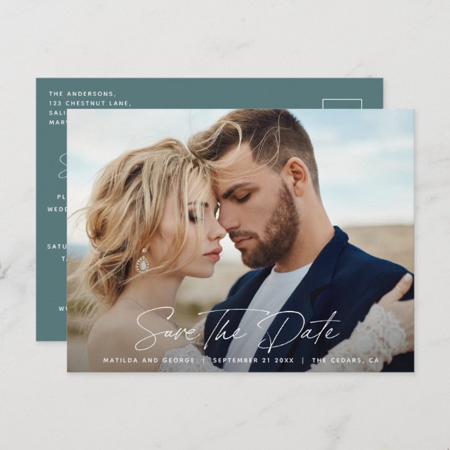 Cartão Postal De Anúncio Casamento elegante com script moderno (Frente/Verso)