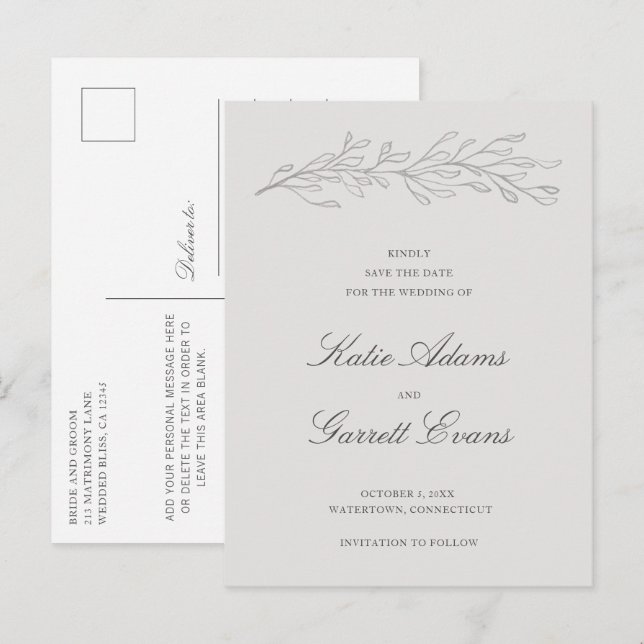 Cartão Postal De Anúncio Casamento Elegante de Cinzas Simples Salve a Data (Frente/Verso)