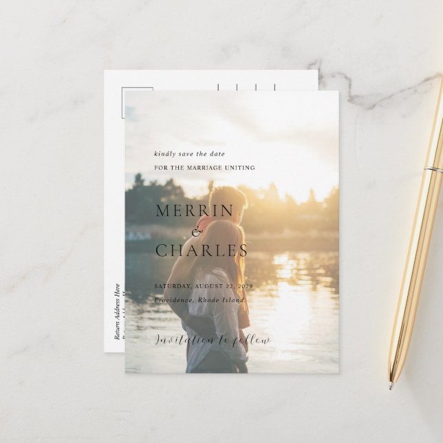 Cartão Postal De Anúncio Casamento Elegante de Foto Merrin Salve a Data (Frente/Verso In Situ)