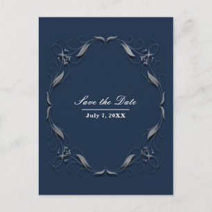 Cartão Postal De Anúncio Casamento Elegante de Quadro Azul e Prateado Salve