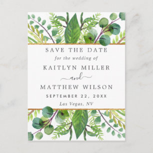 Cartão Postal De Anúncio Casamento Elegante Dourado e Verde Salve A Data