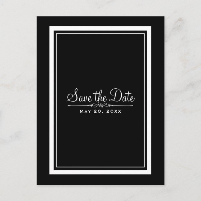 Cartão Postal De Anúncio Casamento Elegante Preto e Branco Save the Date (Frente)