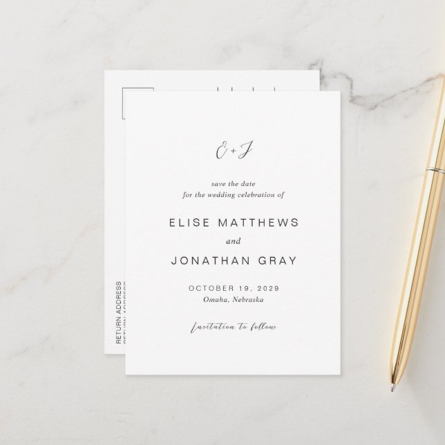 Cartão Postal De Anúncio Casamento Elegante Preto e Branco Save the Date (Frente/Verso In Situ)