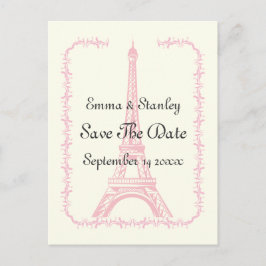 Cartão Postal De Anúncio Casamento em Paris Torre Eiffel rosa Save the Date