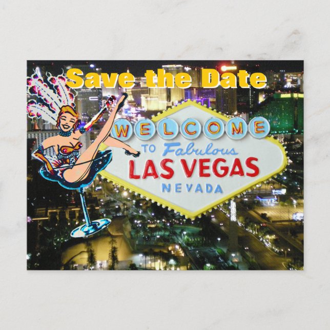 Cartão Postal De Anúncio Casamento em Vegas Strip Salve the Date Showgirl (Frente)