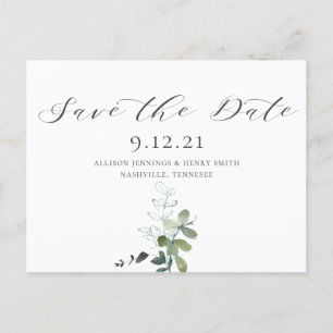 Cartão Postal De Anúncio Casamento Eucalyptus Calliografia Salvar a Data