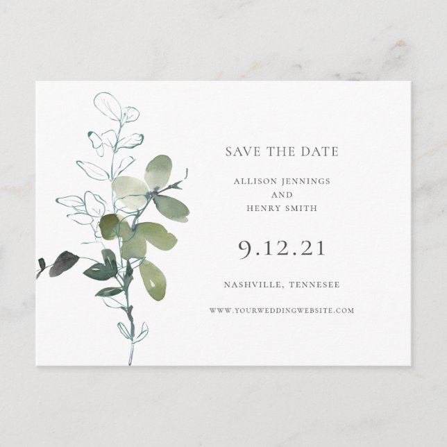 Cartão Postal De Anúncio Casamento Eucalyptus Greenery Salvar a Data (Frente)